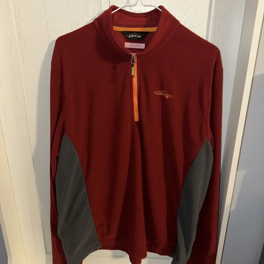Orvis Trout Bum Quarter Zip Men's Large Fleece Pullover Top Red Orange Trim